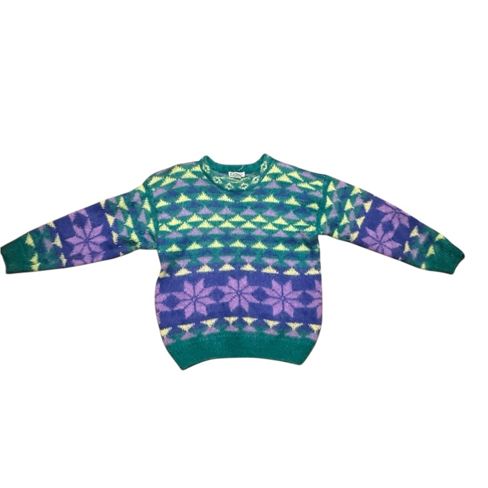 GALLAGHER Vintage Purple Fair Isle Mohair Wool Crew Neck Sweater Womens Medium